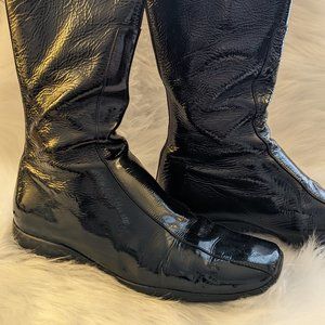VINTAGE PRADA SPORT 1990S PATENT LEATHER HIGH BOOTS, BLACK PATENT, SIZE 37.5
